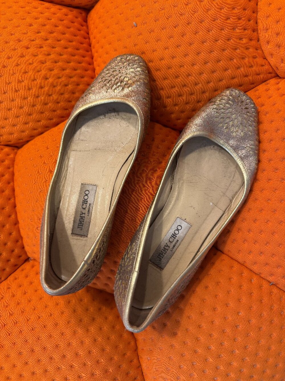 Jimmy Choo Shoes Champagne Gold Glitter Ballet Flats Size 40